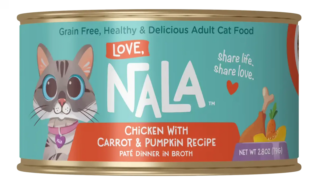 Can of Nala cat food with a cat illustration on a teal background