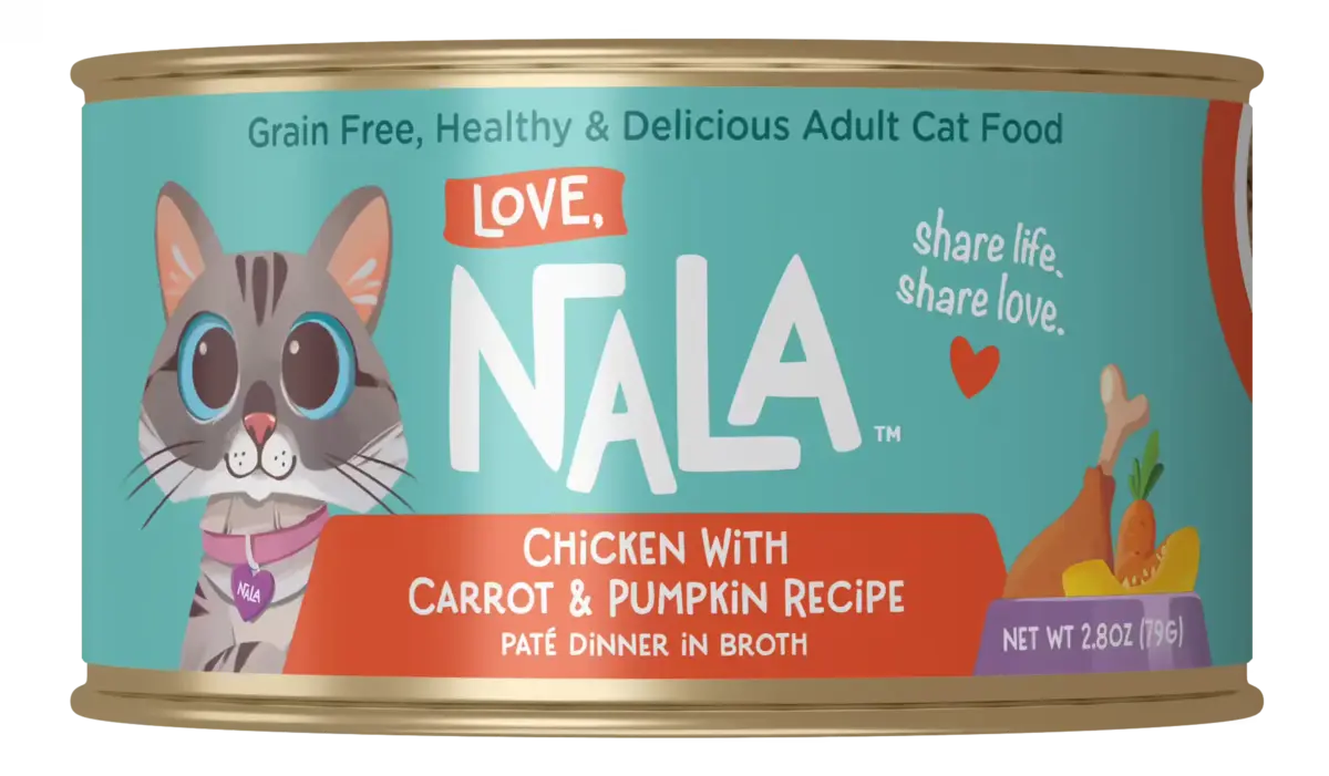 Can of Nala cat food with a cat illustration on a teal background