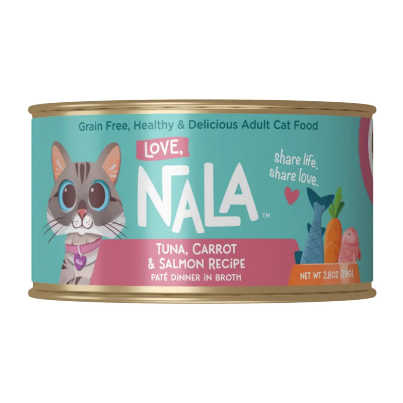 Can of NALA cat food with a colorful label on a white background
