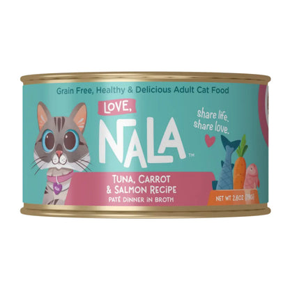 Can of NALA cat food with a colorful label on a white background