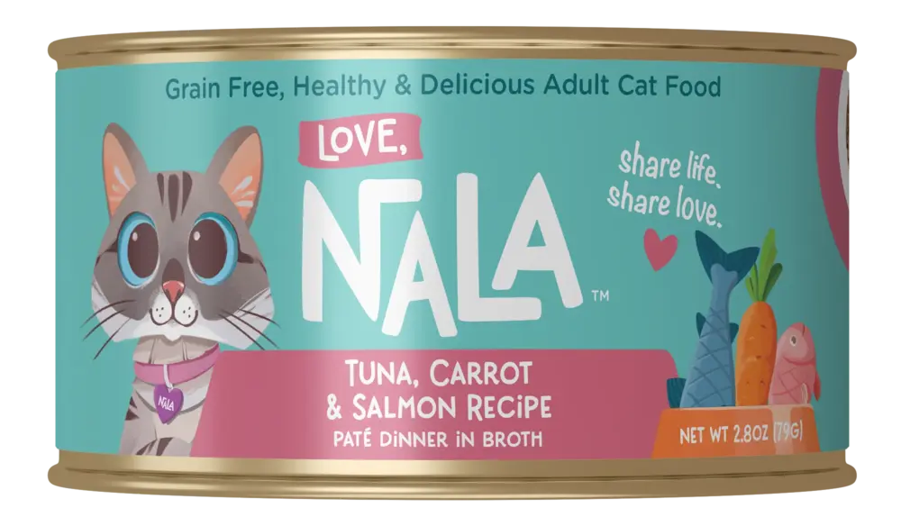 Can of Nala cat food with a teal label and cat illustration.