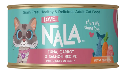 Can of Nala cat food with a teal label and cat illustration.