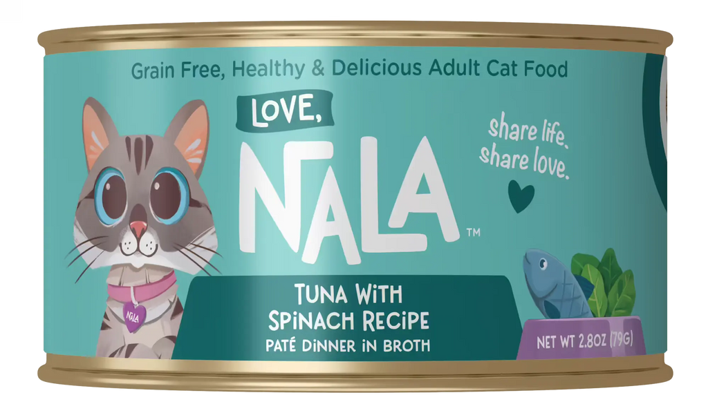 Can of Nala cat food with a cat illustration on a teal background