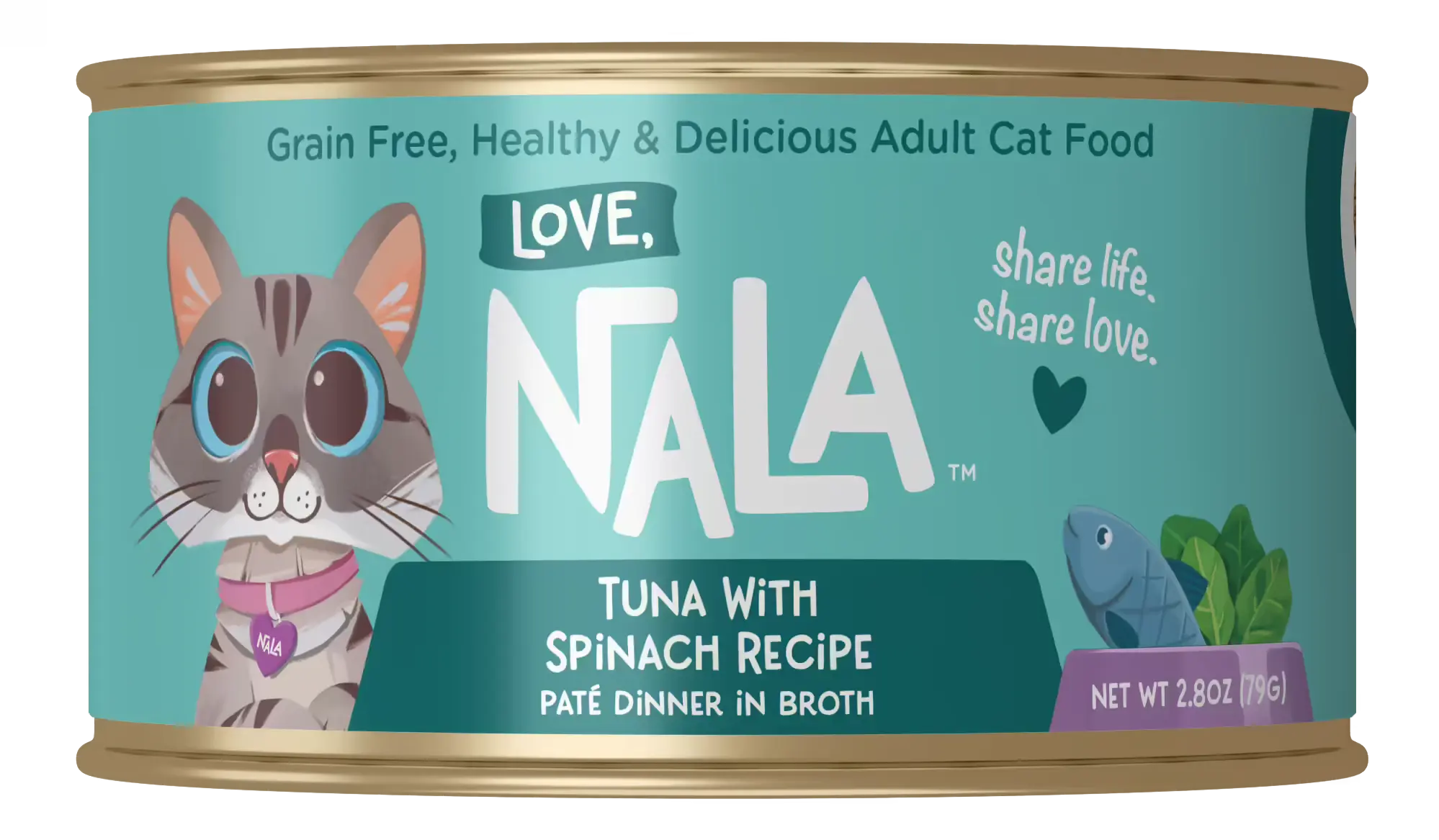 Can of Nala cat food with a cat illustration on a teal background