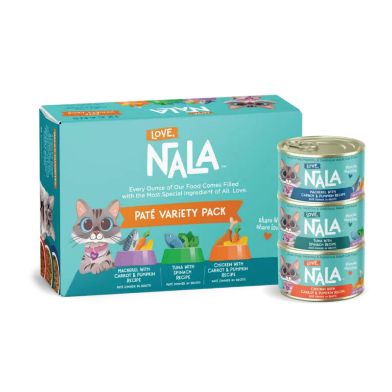 Nala cat food packaging including a box and cans on a white background