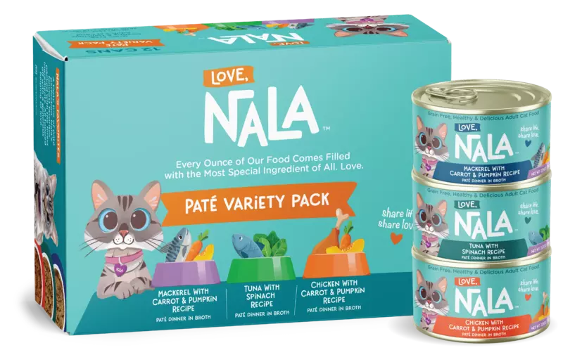 Nala cat food packaging including a box and cans on a white background