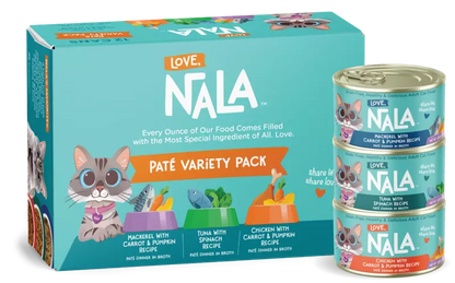 Nala cat food packaging including a box and cans on a white background