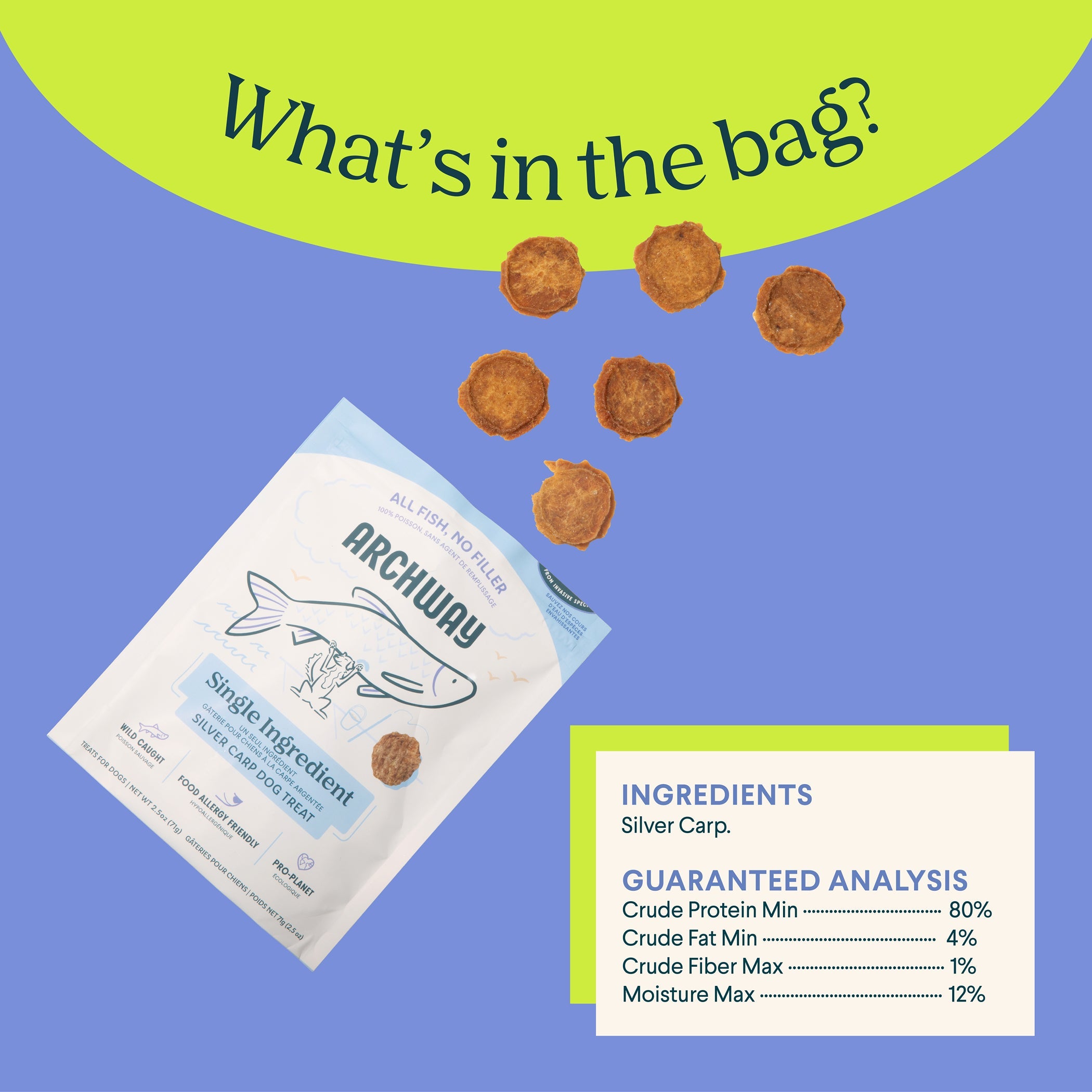 Archway pet food packaging with ingredients and guaranteed analysis on a blue and green background