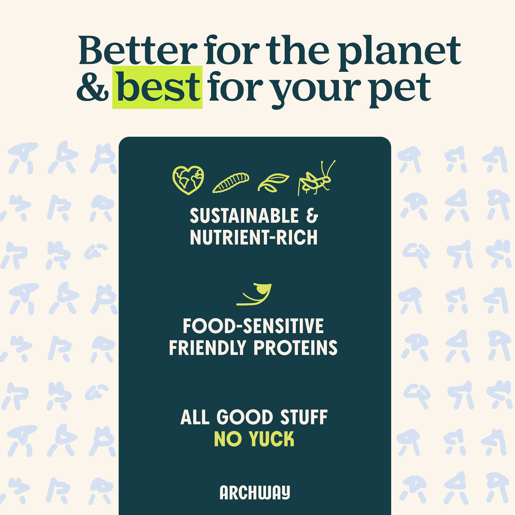 Archway pet food packaging with sustainability and pet health claims on a patterned background