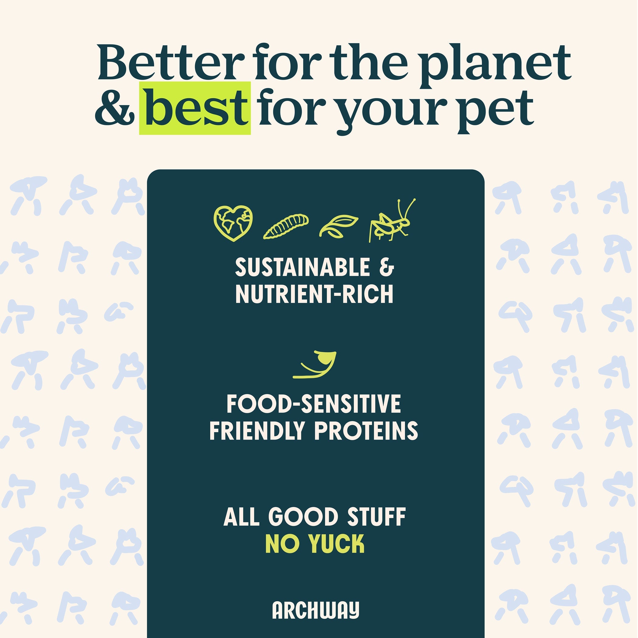 Archway pet food packaging with sustainability and pet health claims on a patterned background