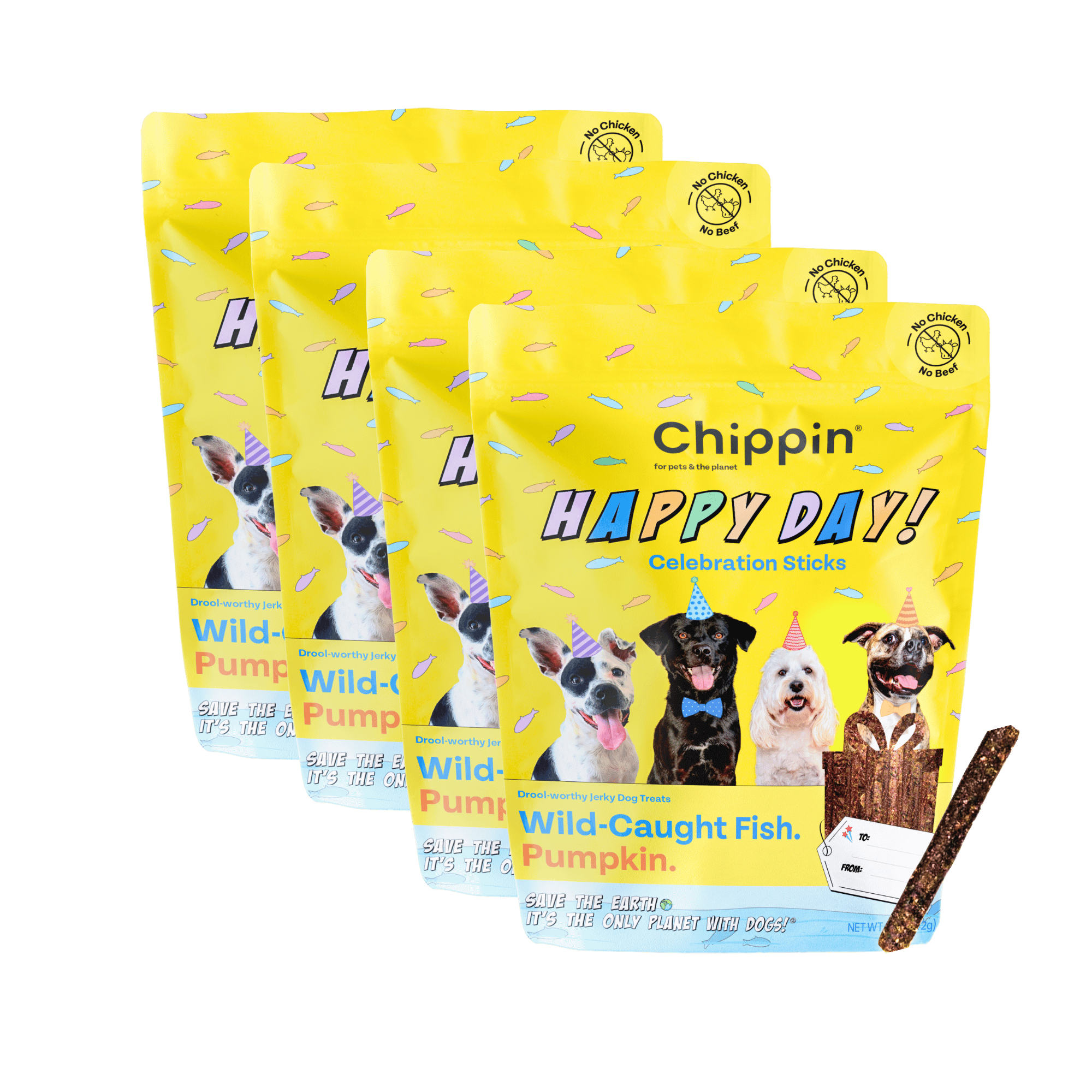 Yellow packages of Chippin Happy Day Celebration Sticks with images of dogs on a green background
