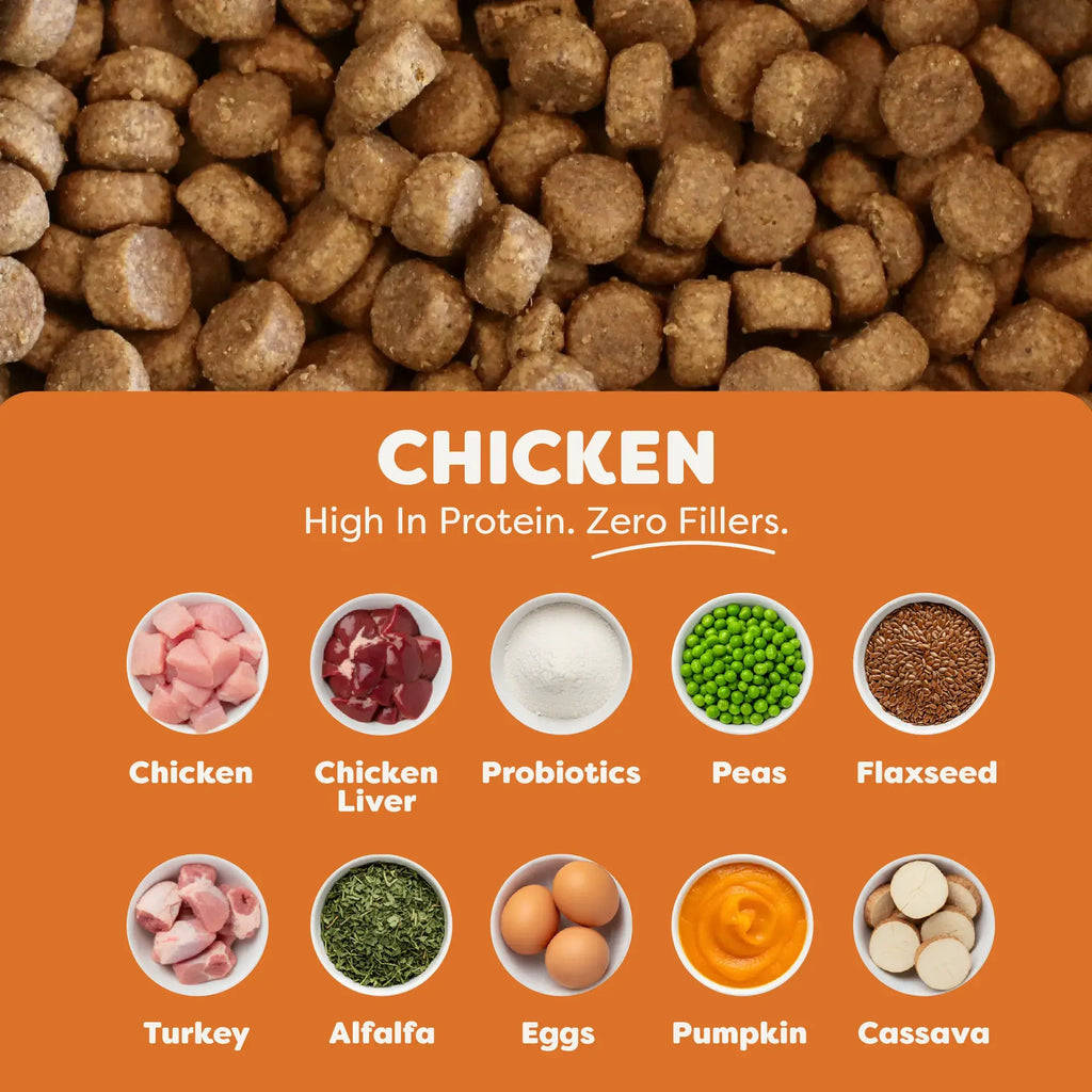Dog food pellets with a label detailing ingredients on an orange background