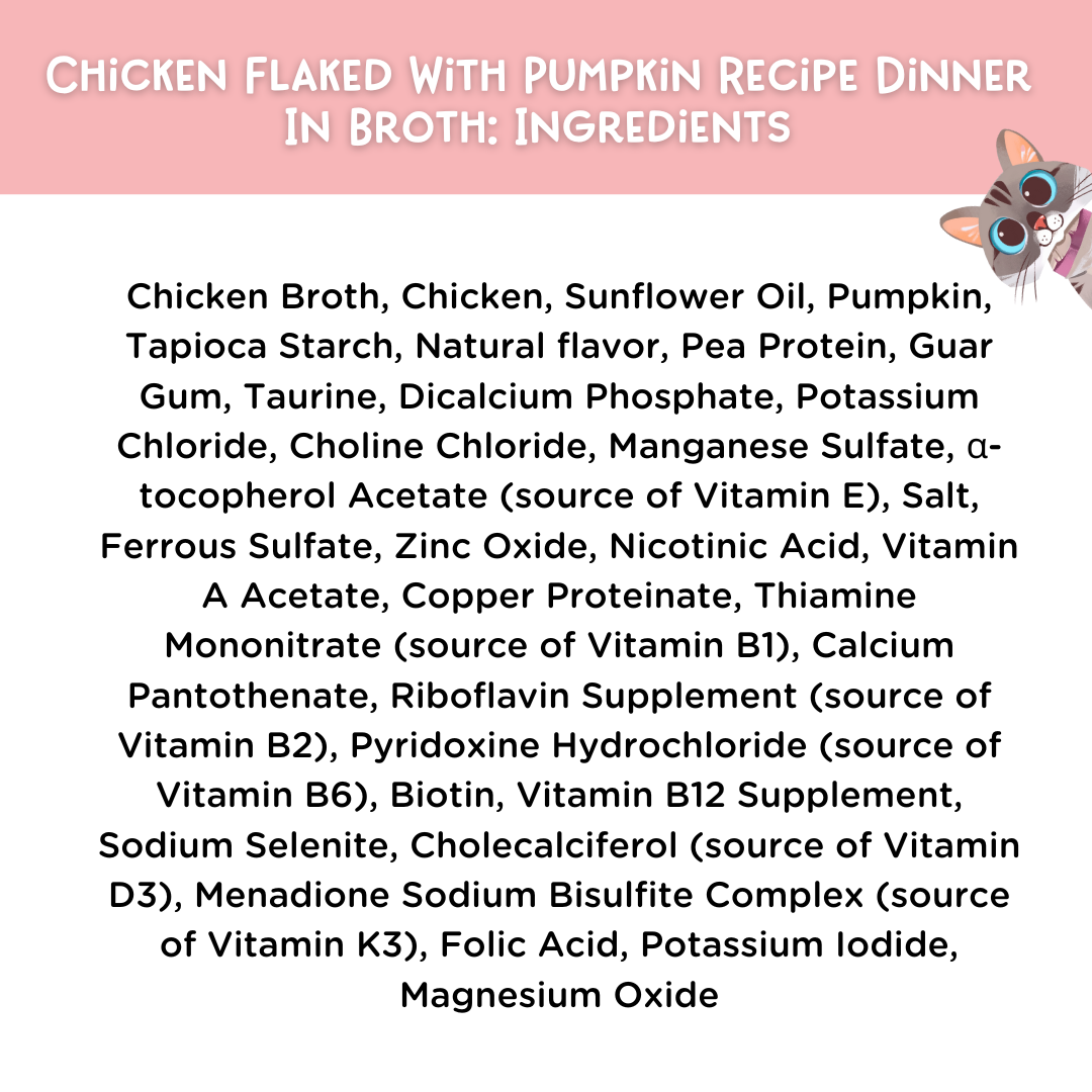List of ingredients for a chicken flaked with pumpkin recipe dinner in broth, featuring a cat illustration on a pink background.