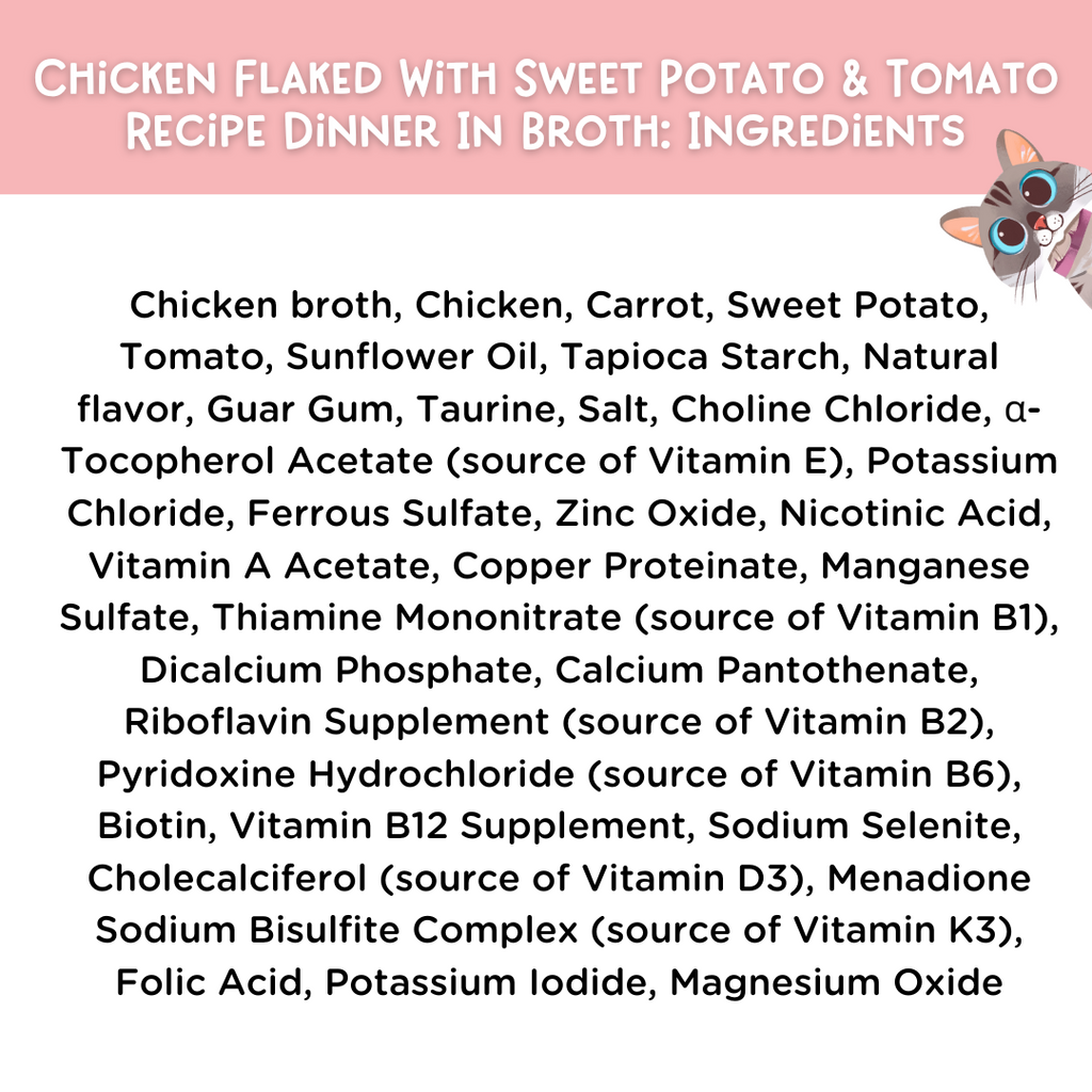 List of ingredients for a chicken flaked with sweet potato and tomato recipe dinner in broth, with a cartoon cat character on a pink background.