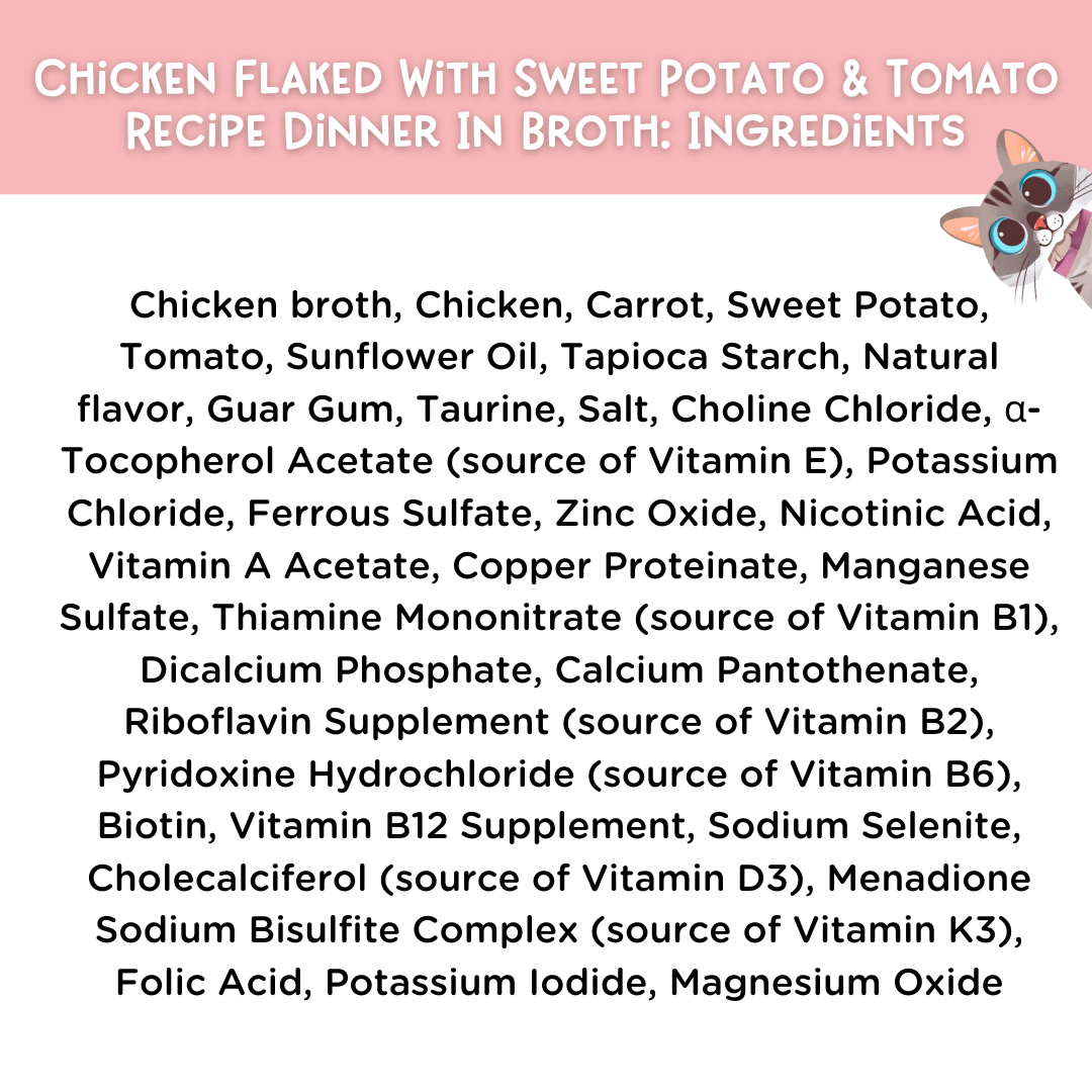 List of ingredients for a chicken flaked with sweet potato and tomato recipe dinner in broth, with a cartoon cat character on a pink background.