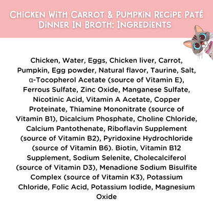 List of ingredients for chicken with carrot and pumpkin recipe pâté dinner in broth, with a cat illustration on a pink background.
