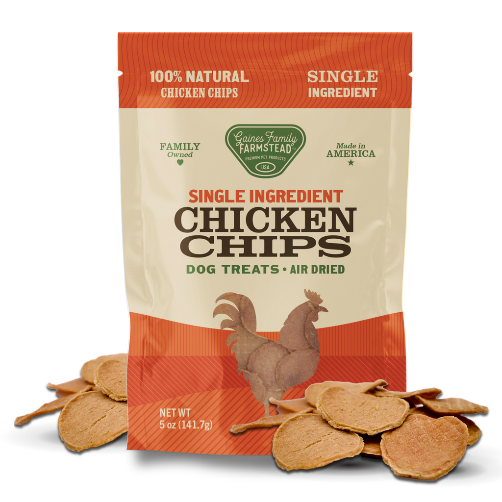 Package of single ingredient chicken chips dog treats with visible text and branding.