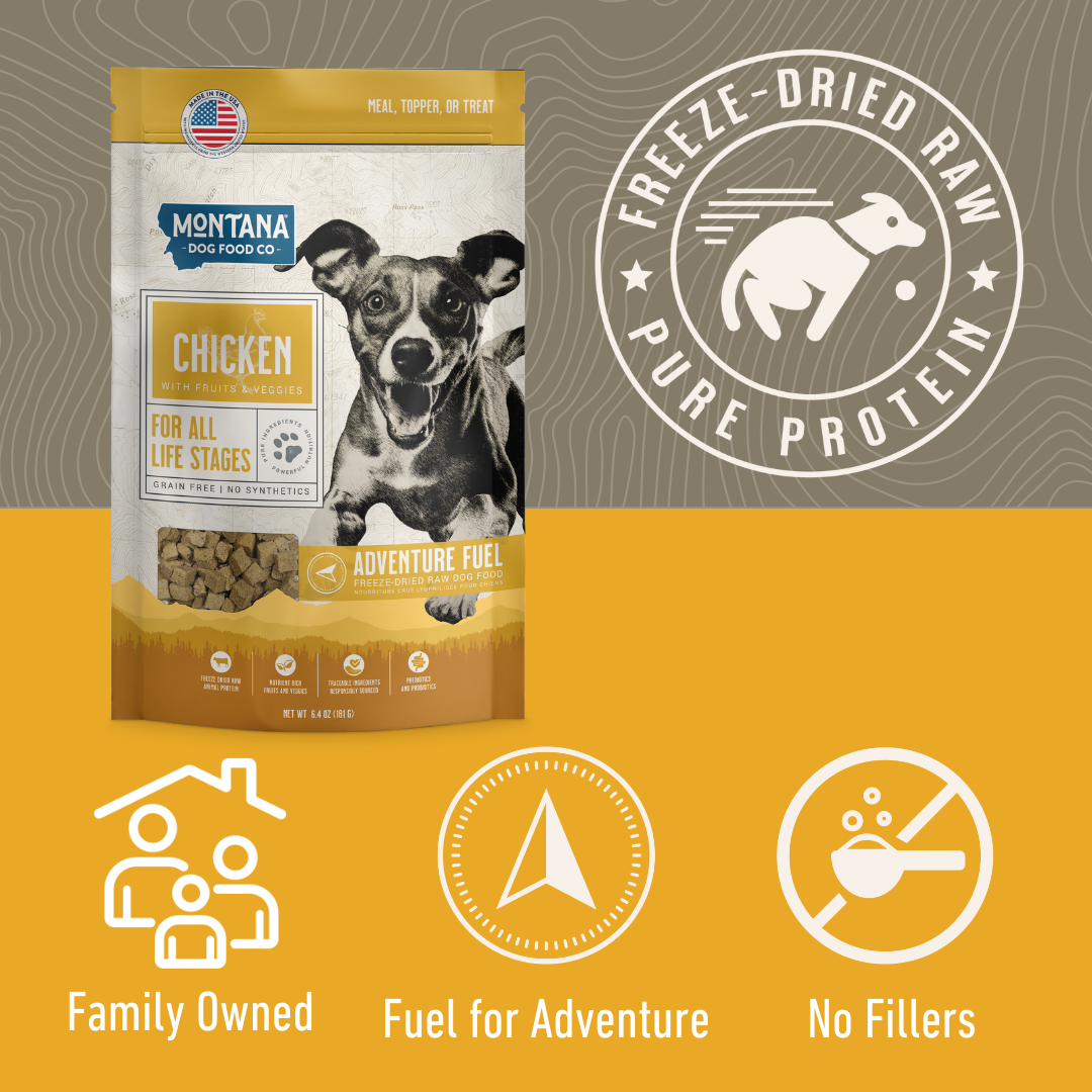 Montana Dog Food Co. chicken freeze-dried raw dog food package on a yellow background with brand logos and text.