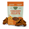 Package of Chicken & Sweet Potato Fillets dog treats with visible treats on a white background
