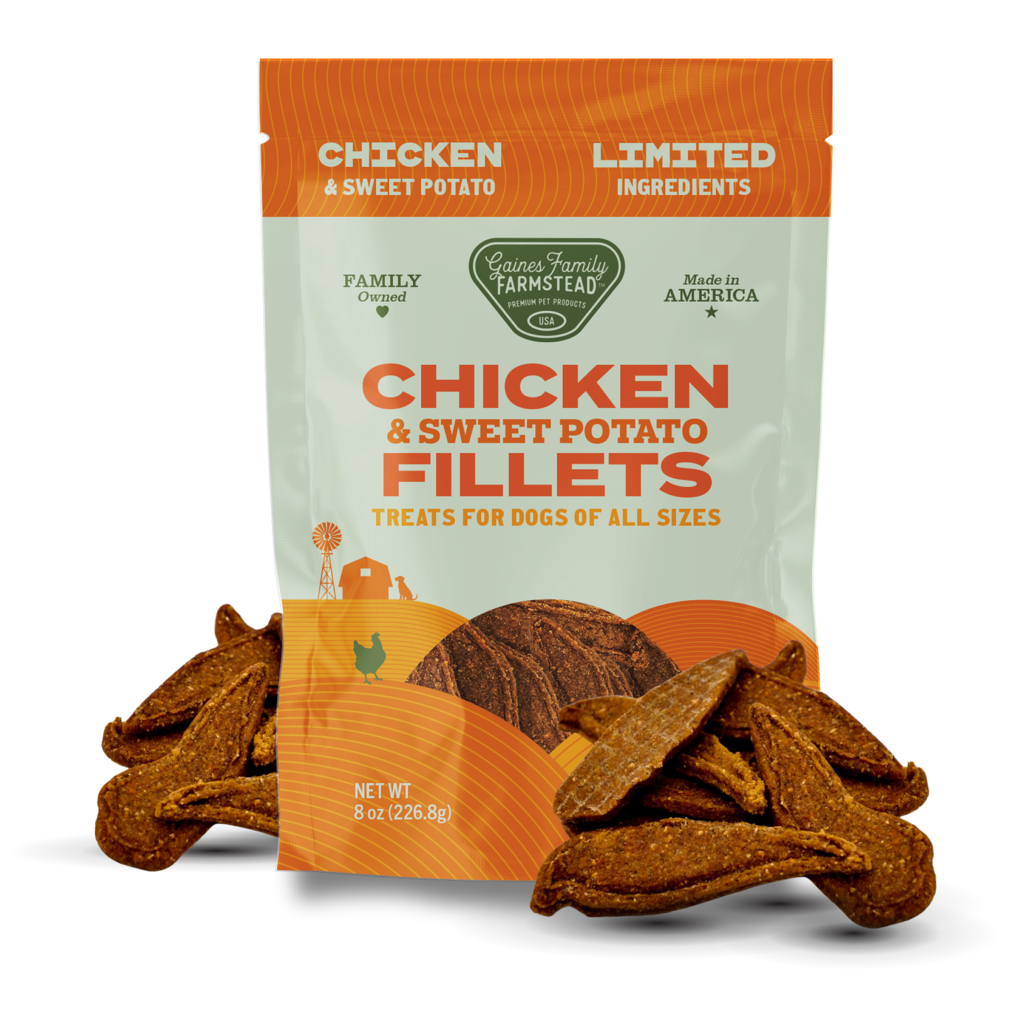 Package of Chicken & Sweet Potato Fillets dog treats with visible treats on a white background
