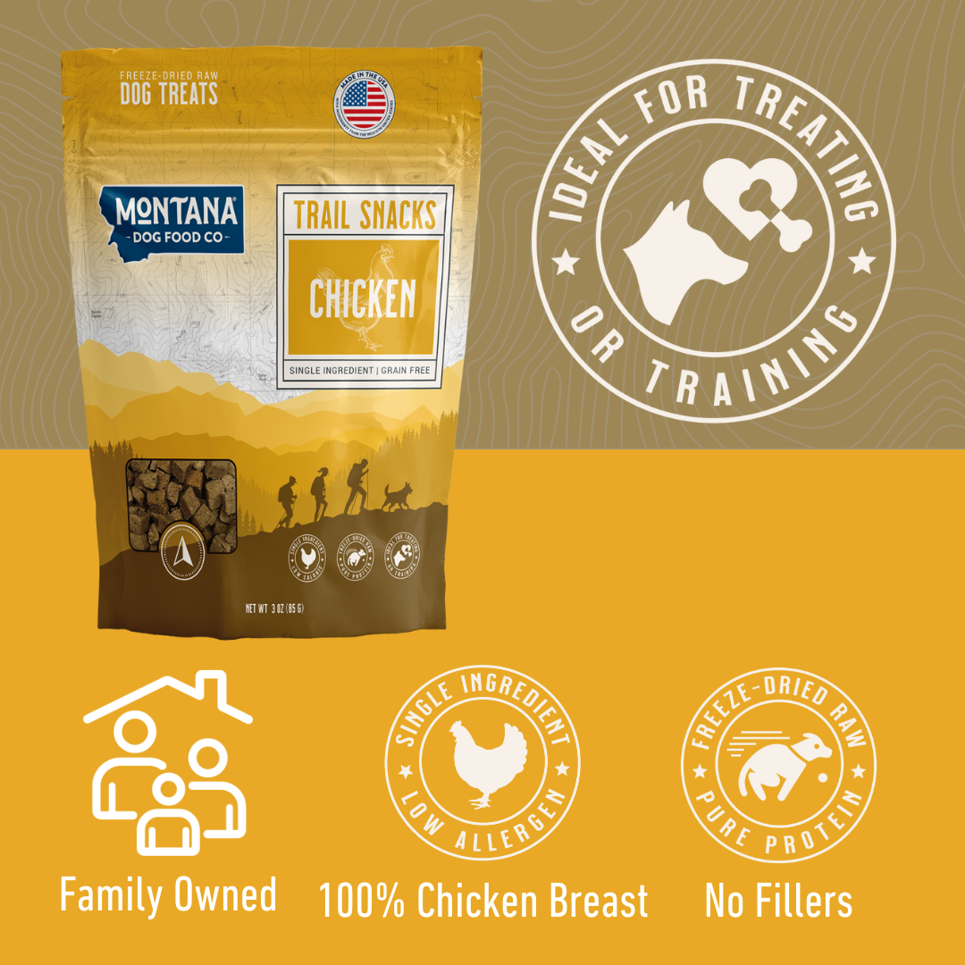 Montana Dog Food Co. dog treat package with branding and product details on a yellow and brown background.