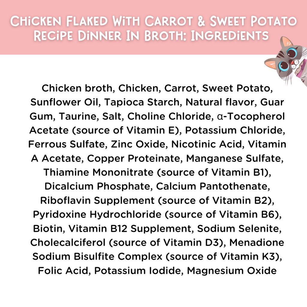 List of ingredients for chicken flaked with carrot & sweet potato recipe dinner in broth on a white background.