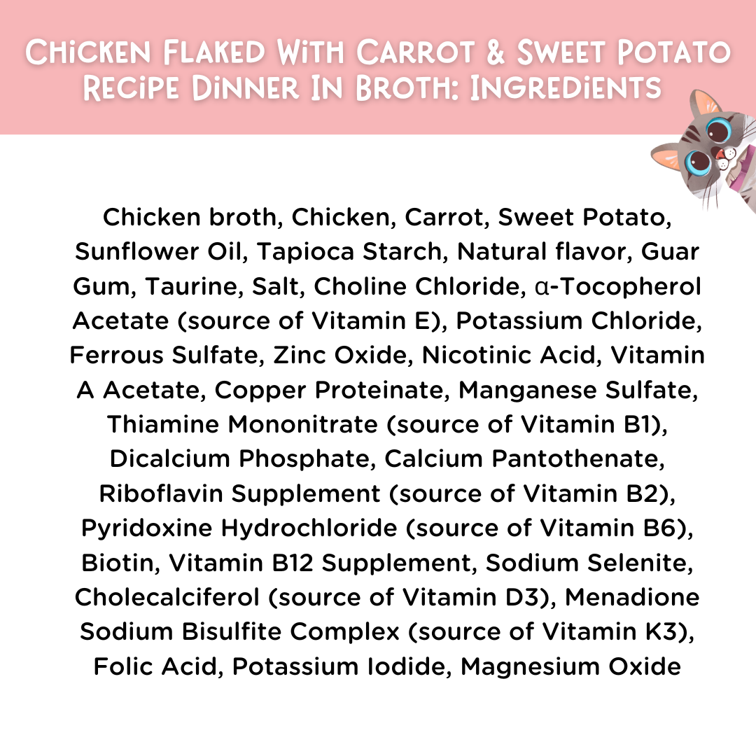 List of ingredients for chicken flaked with carrot & sweet potato recipe dinner in broth on a white background.