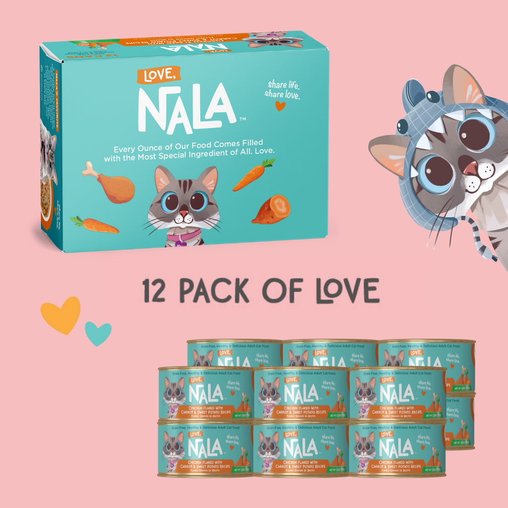 Nala cat food packaging with cartoon cat character on a pink background