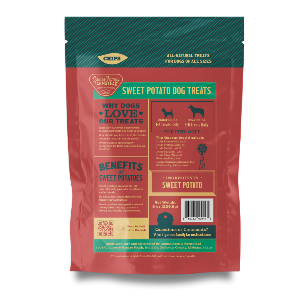 Package of sweet potato dog treats with text and branding on a white background