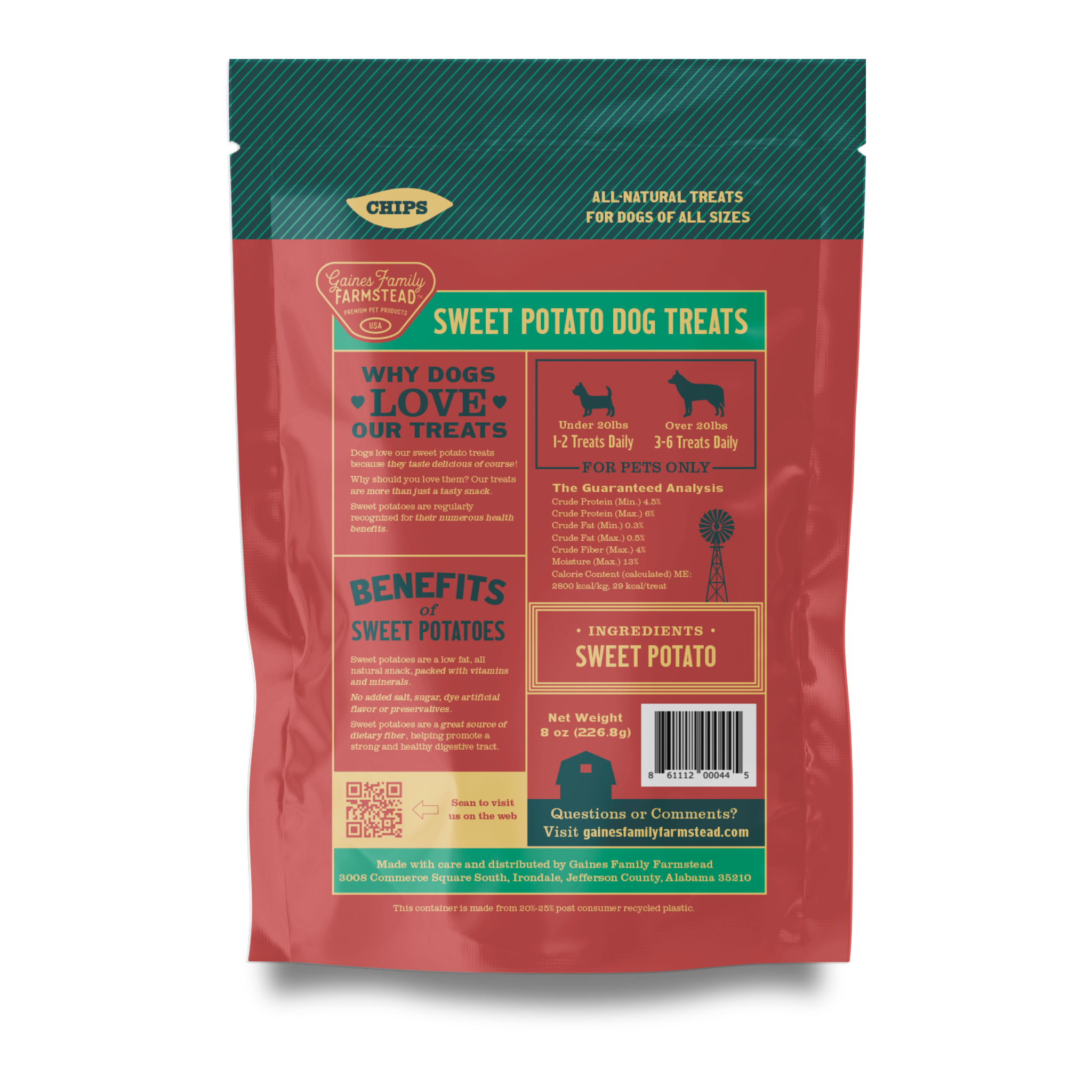 Package of sweet potato dog treats with text and branding on a white background