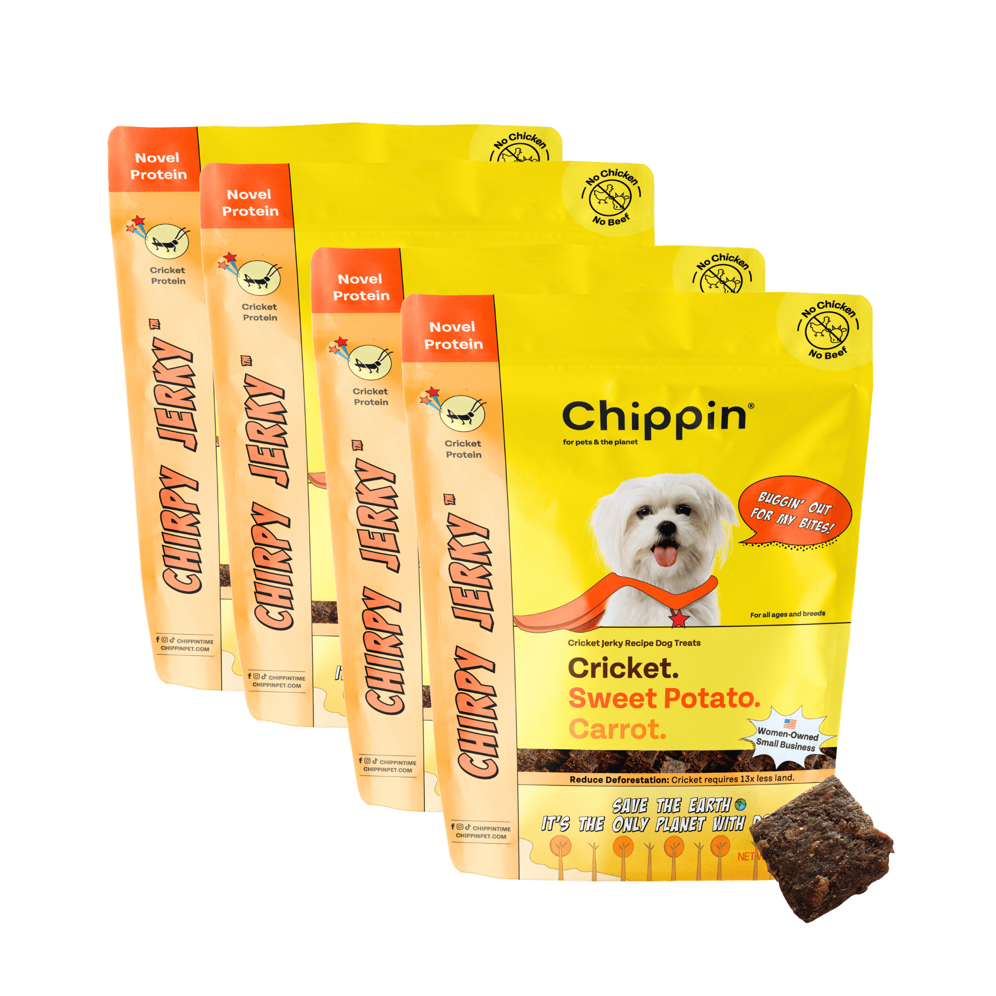 Chippin and Chirpy Jerky dog treat packages on a green background