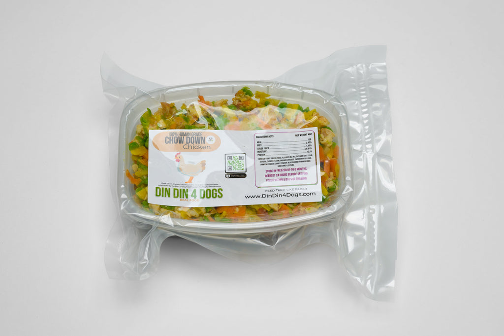 Packaged dog food with a label on a white background
