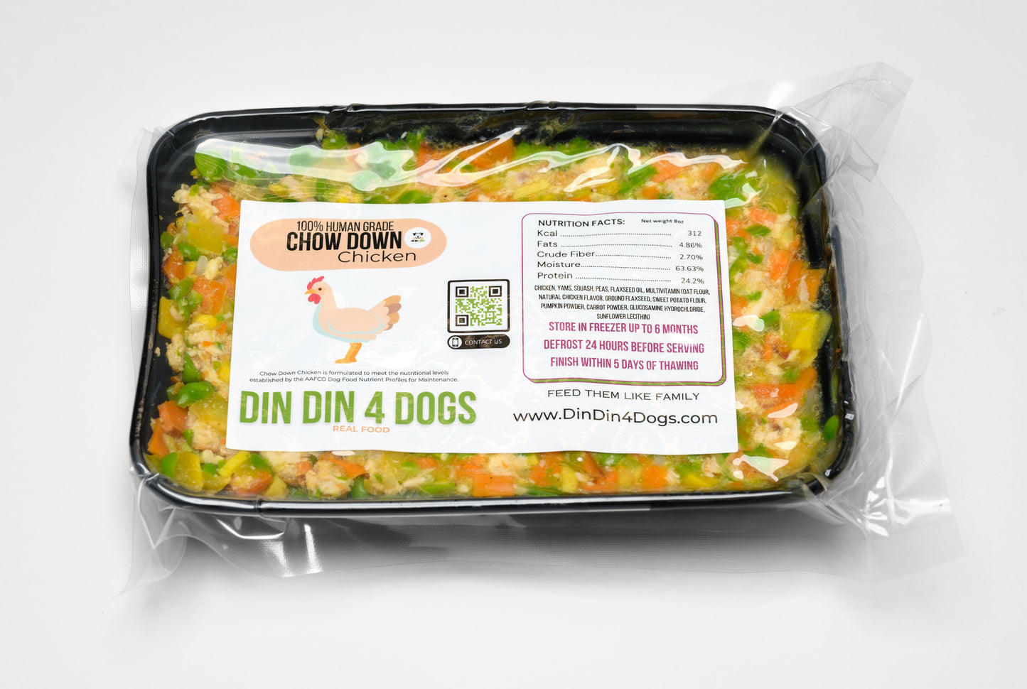 Chow Down Chicken 8oz meal packaging from the Din Din 4 Dogs range