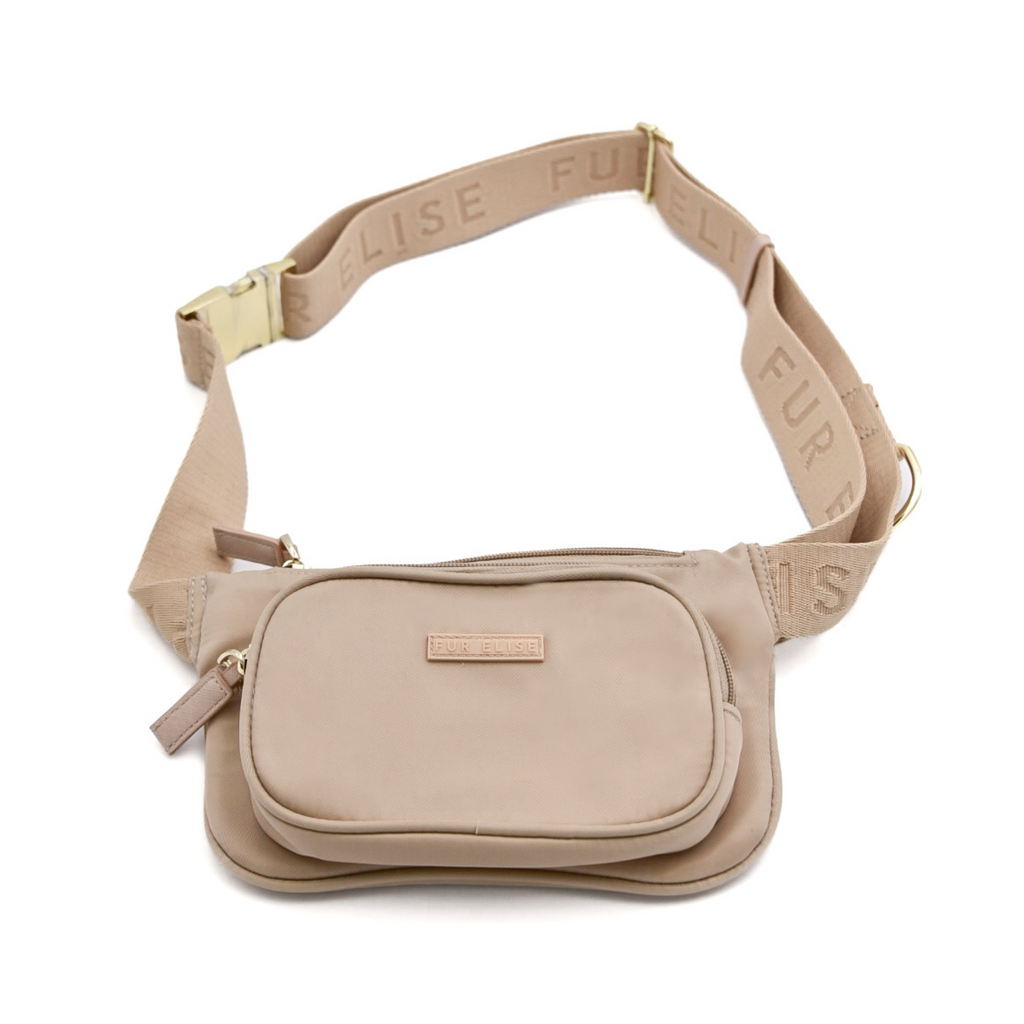 Beige waist bag with visible brand name on a white background