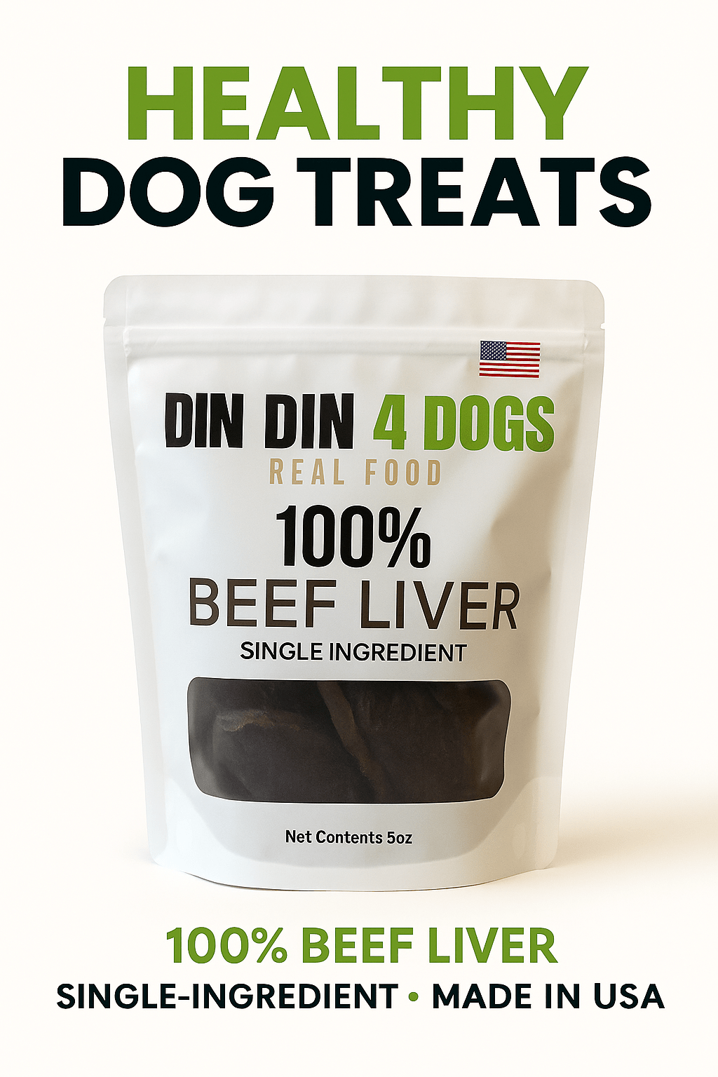 Package of DIN DIN 4 DOGS 100% Beef Liver dog treat on a white background
