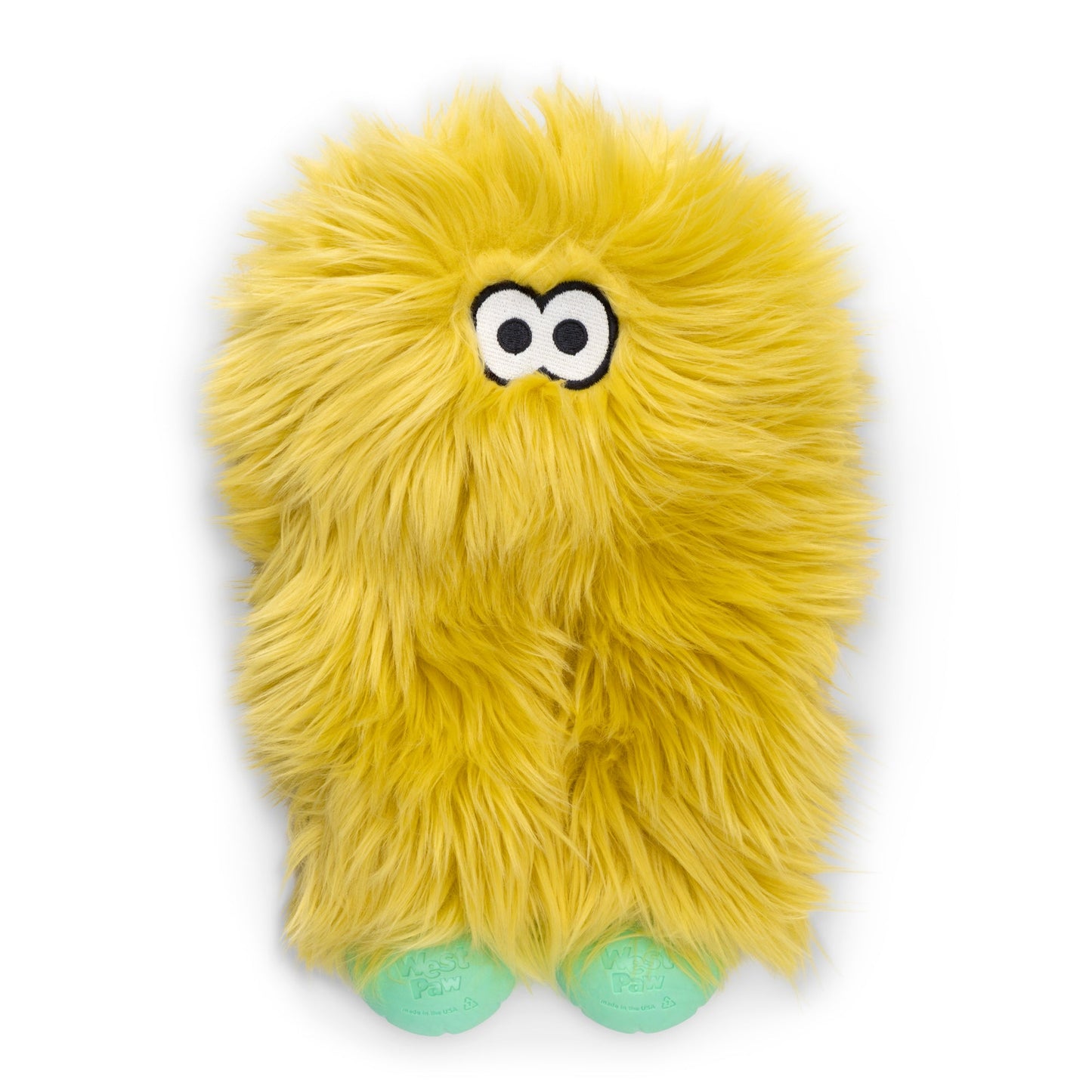Yellow plush toy with googly eyes on a white background