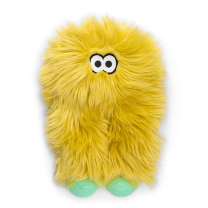 Yellow plush toy with googly eyes on a white background