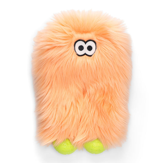 Plush toy with orange fur and green feet on a white background