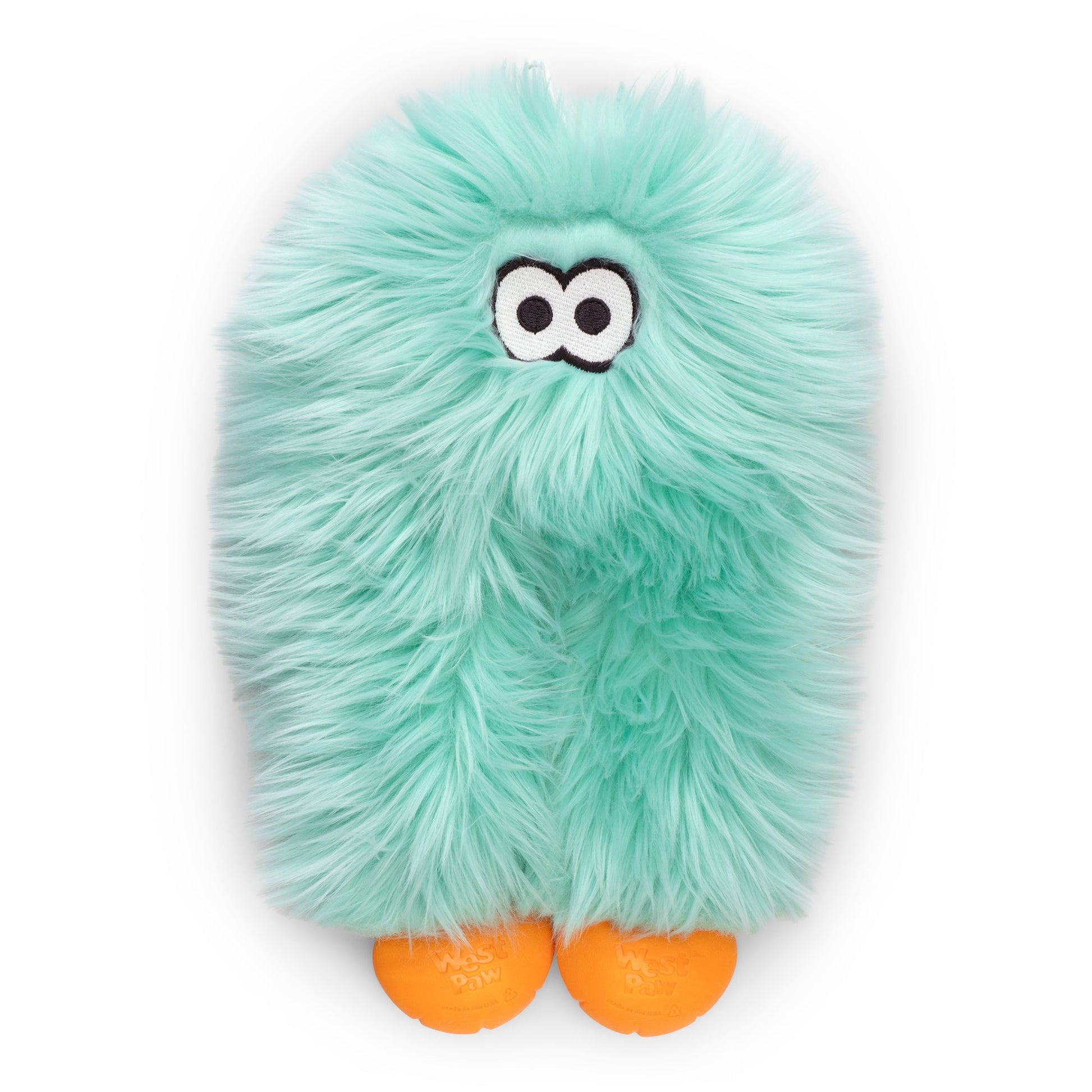Teal plush toy with orange feet on a white background