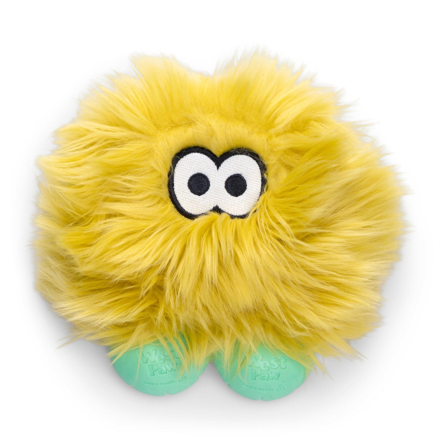 Yellow plush toy with googly eyes on a white background