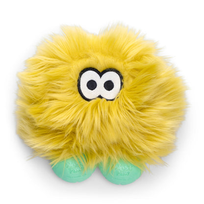 Yellow plush toy with googly eyes on a white background