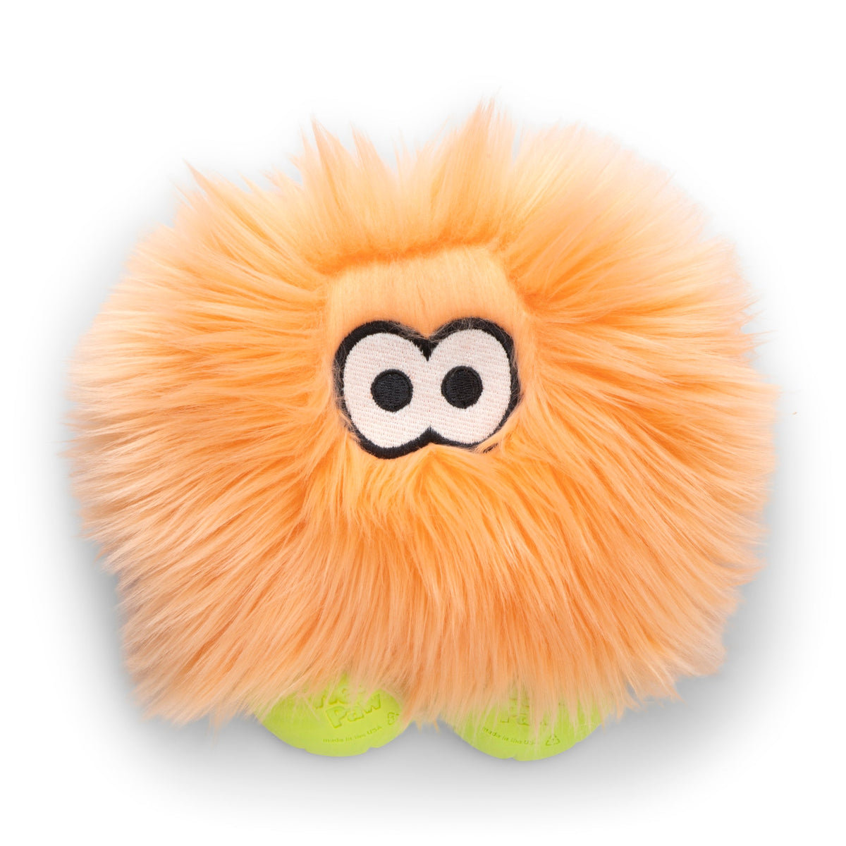 Plush toy with a fuzzy texture and cartoon face on a white background
