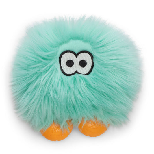 Teal plush toy with orange feet on a white background