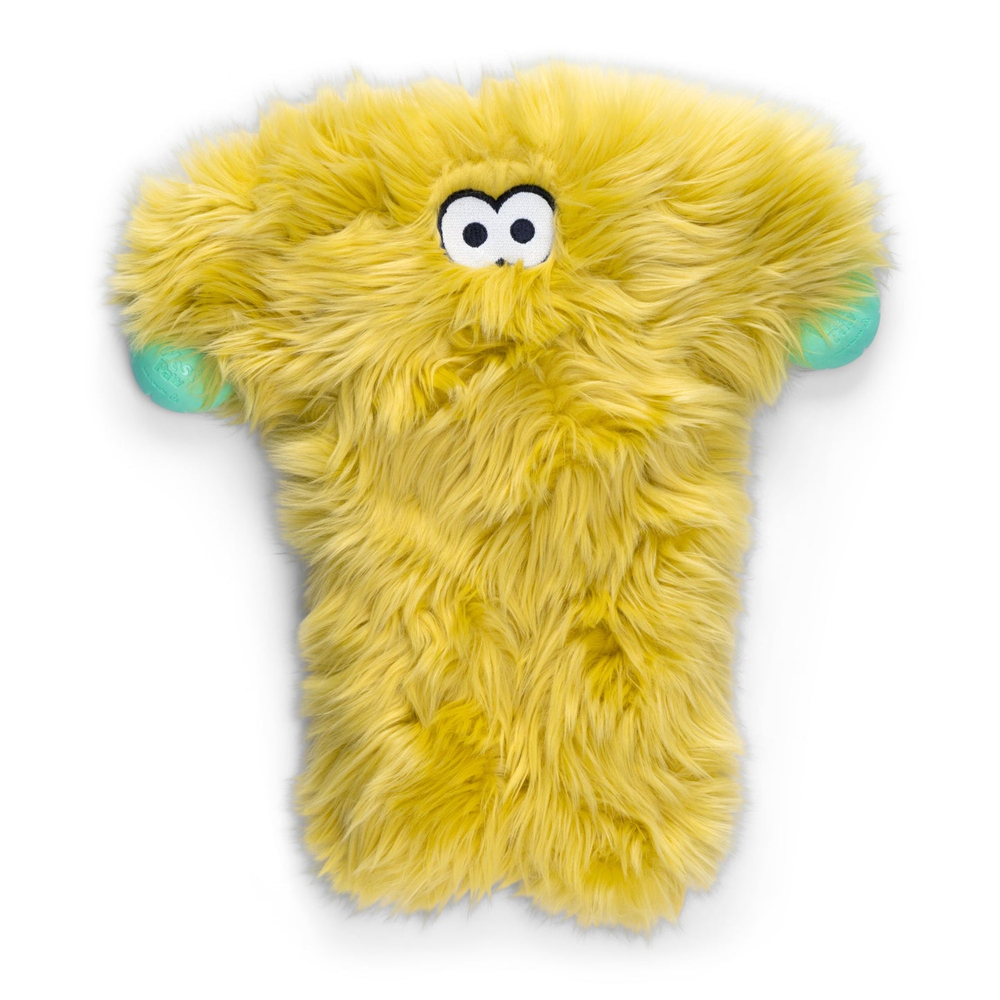 Yellow plush toy with googly eyes and blue paws on a white background
