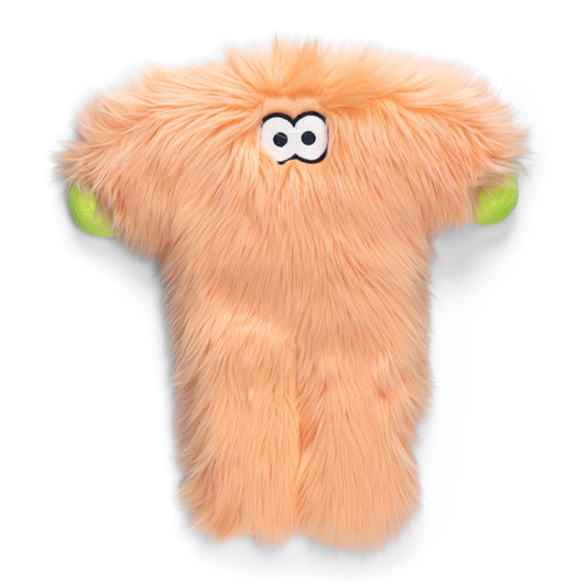 Plush toy with a fuzzy texture, googly eyes, and green paws on a white background