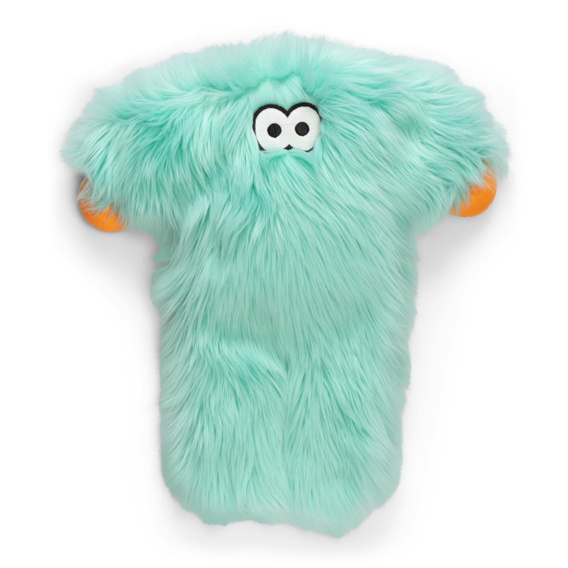 Turquoise plush toy with googly eyes on a white background