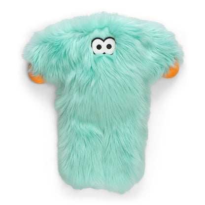 Turquoise plush toy with googly eyes on a white background