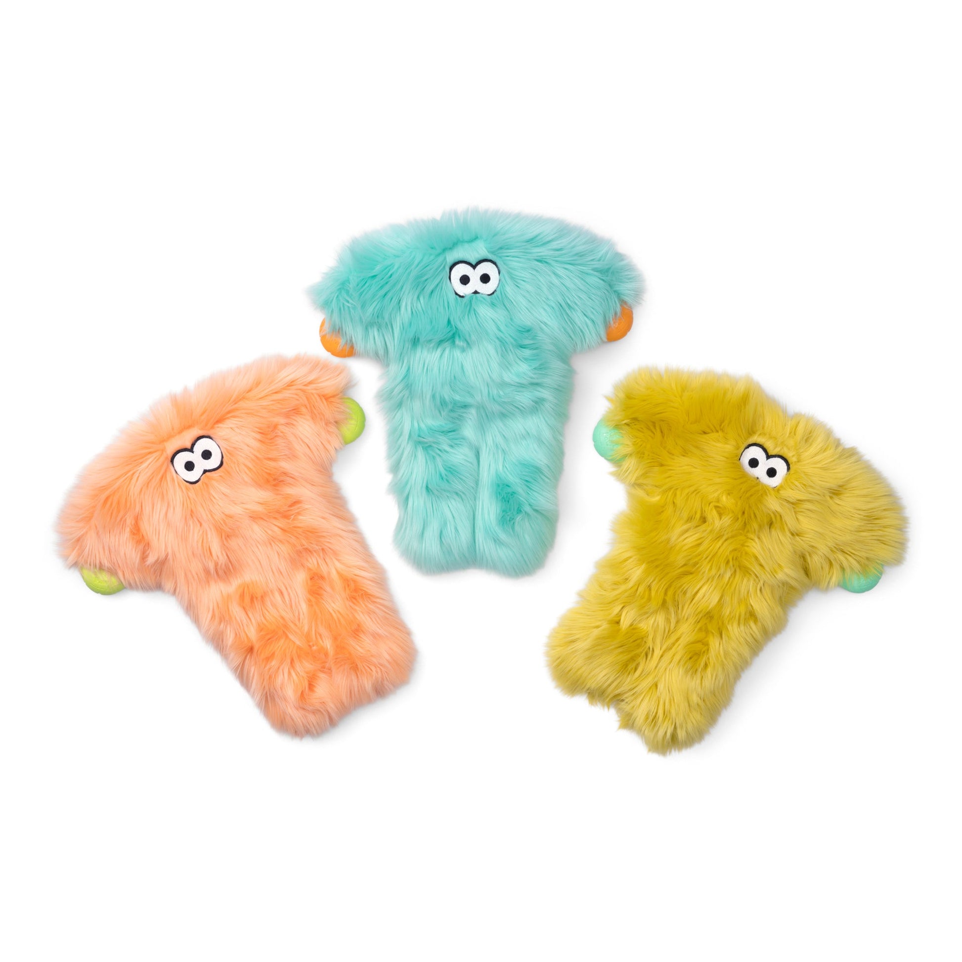 Three colorful plush toys with googly eyes on a white background