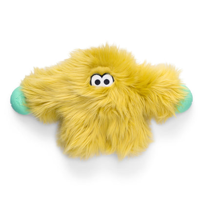 Yellow plush toy with googly eyes on a white background
