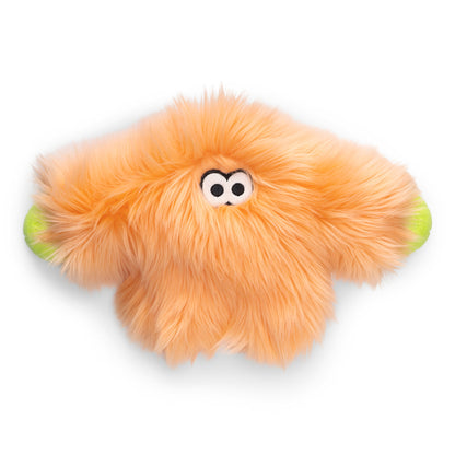 Orange plush toy with googly eyes on a white background